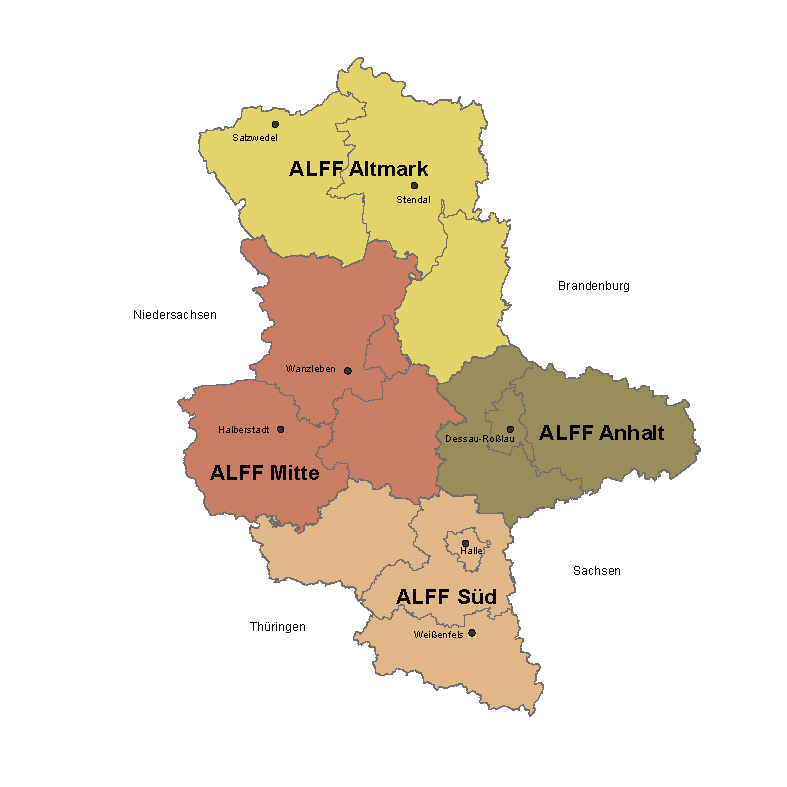 Karte des Landes Sachsen-Anhalt mit grafischer Abgrenzung der Amtsbereiche