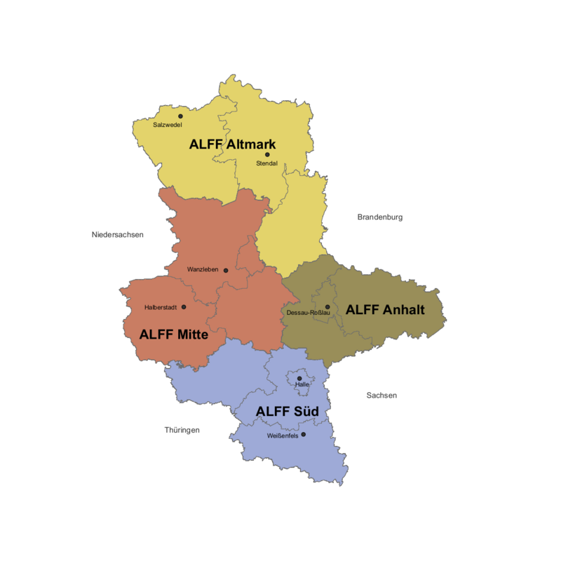 Karte des Landes Sachsen-Anhalt mit grafischer Abgrenzung der regionalen Zuständigkeitsbereiche der Ämter. Die Abgrenzung der Zuständigkeitsbereiche ist im Textteil beschrieben.