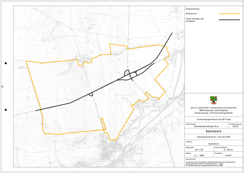 Dargestellt ist die Gebietskarte zum Flurneuordnungsverfahren Giersleben/Strummendorf B 6n. Auf Grundlage der topographischen Karte im Maßstab 1 zu 20.000 ist der Außenumring des Flurbereinigungsverfahrens in oranger Linie eingezeichnet. Die Fläche des Verfahrensgebietes beträgt ungefähr 1.053 Hektar und betrifft Teile der Gemarkungen Giersleben, Klein Schierstedt, Amesdorf und Güsten. Am Rande des Verfahrensgebietes  befindet sich im Norden der Ort Strummendorf und im Süden die Orte Giersleben und Warmsdorf, alle drei Orte sind aber nicht im Verfahren. Durch das Verfahrensgebiet verläuft in Ost West Richtung die Bundesautobahn A 36, dargestellt durch eine kräftige schwarze Linie.